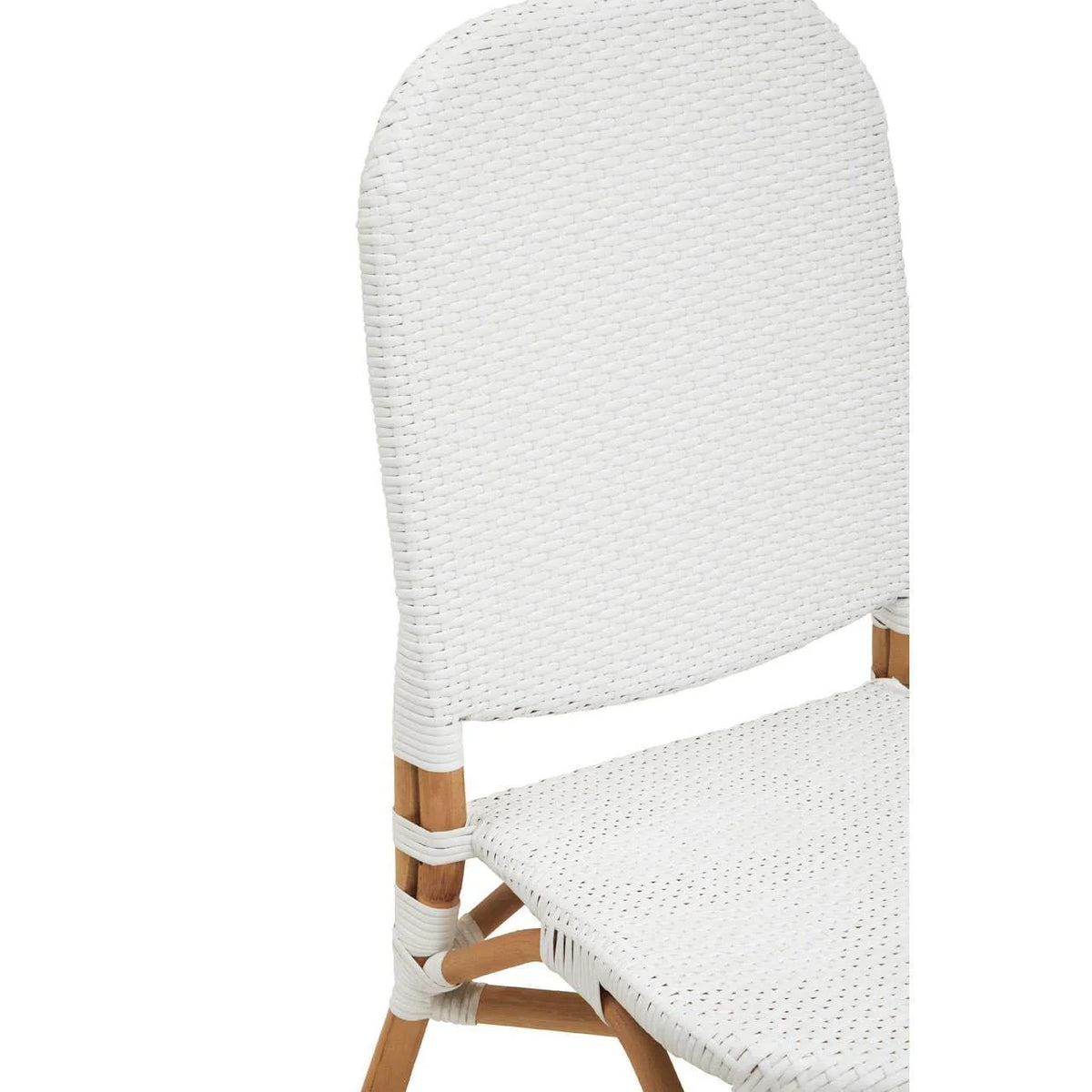 White woven rattan dining chair with natural wooden legs, close-up of back and seat