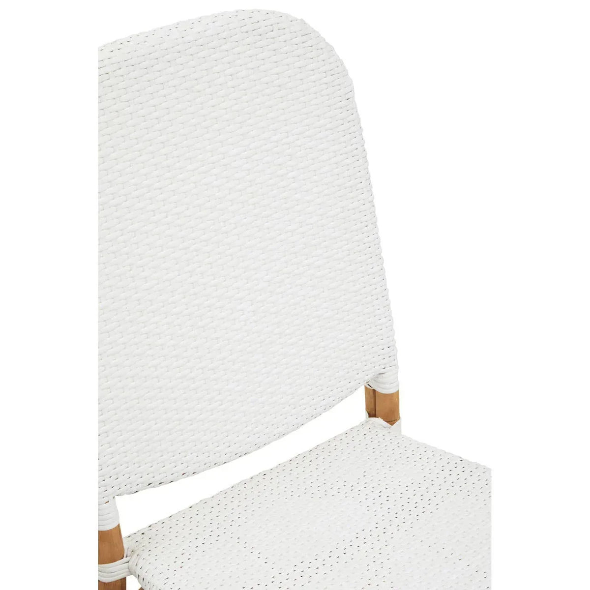 White woven rattan dining chair with wooden legs, close view of seat and backrest