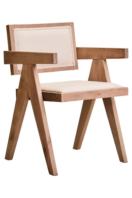 Modern wooden armchair with beige upholstered seat and backrest, angled legs