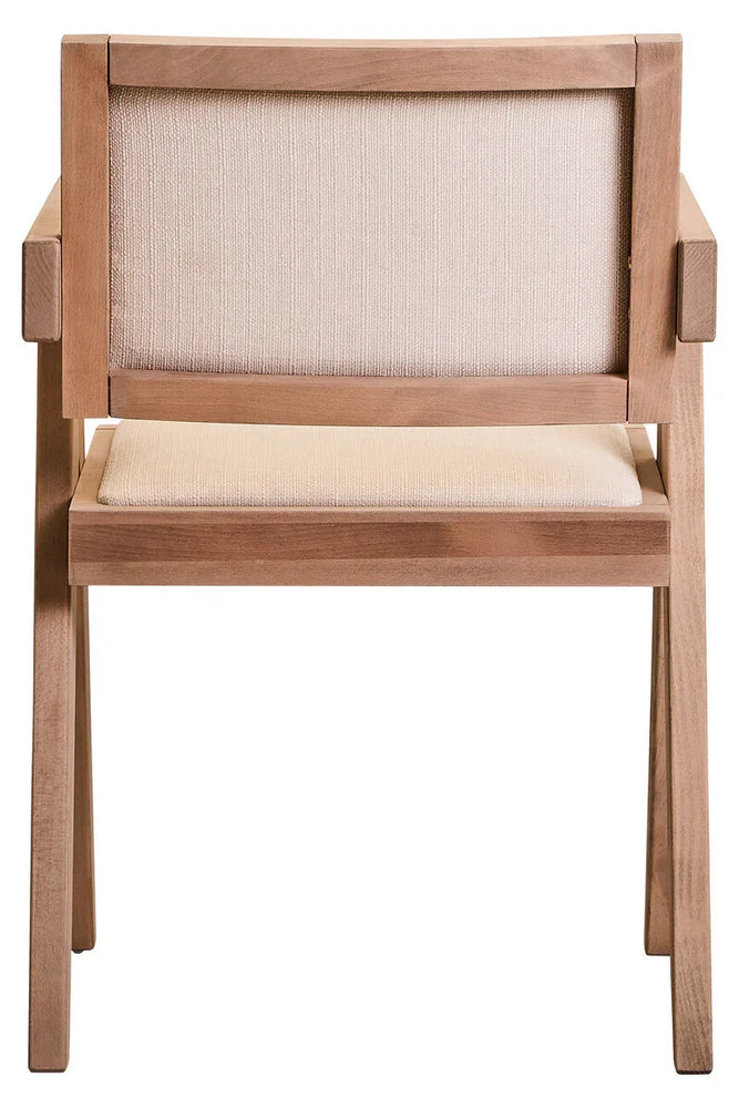 Light wood dining chair with beige fabric seat and backrest, rear angle view
