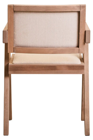 Light wood dining chair with beige fabric seat and backrest, rear angle view