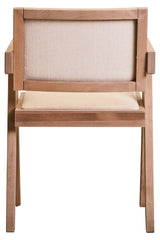 Light wood dining chair with beige fabric seat and backrest, rear angle view