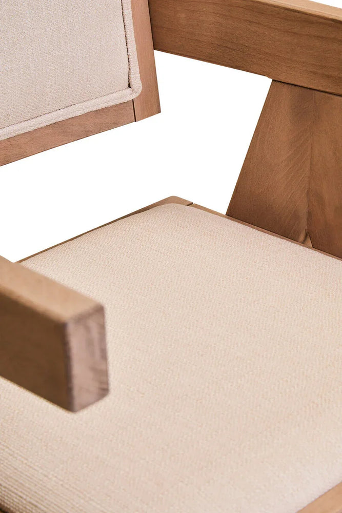 Light beige upholstered dining chair seat with wooden frame and matching padded backrest