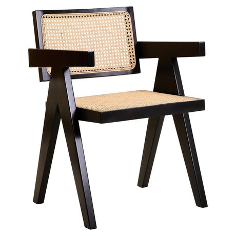 Black wooden accent chair with natural cane seat and backrest, angled modern frame