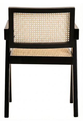 Black wooden dining chair with woven cane backrest and seat, rear view