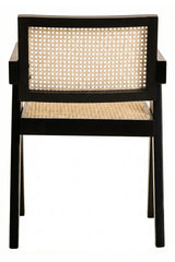 Black wooden dining chair with woven cane backrest and seat, rear view