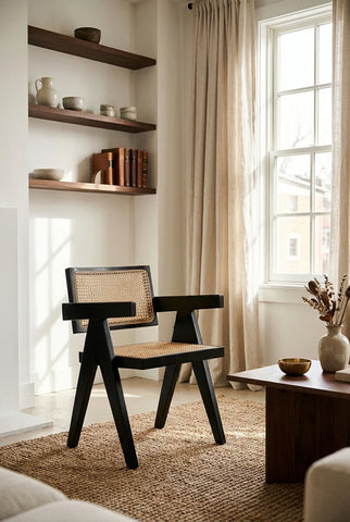 Black and rattan accent chair with angular frame in a modern living room