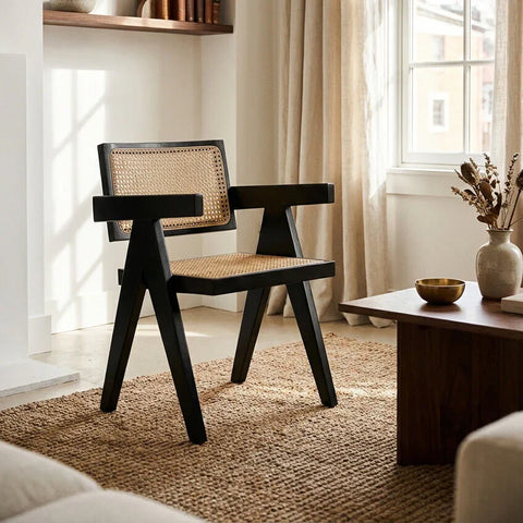 Black wooden dining chair with woven rattan seat and back in modern living room setting