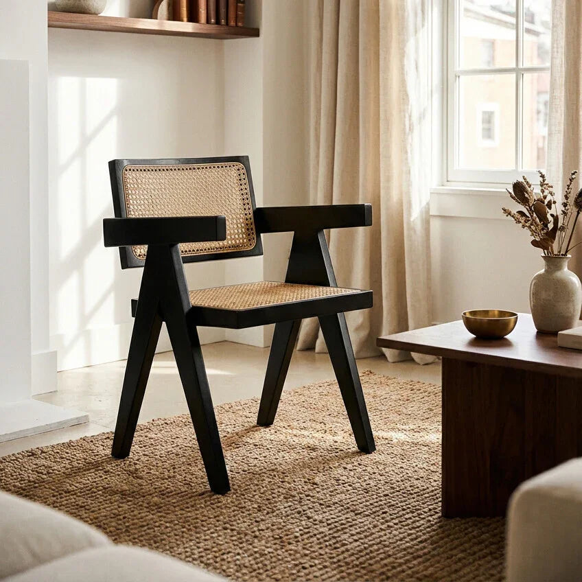 Black wooden dining chair with woven rattan seat and back in modern living room setting