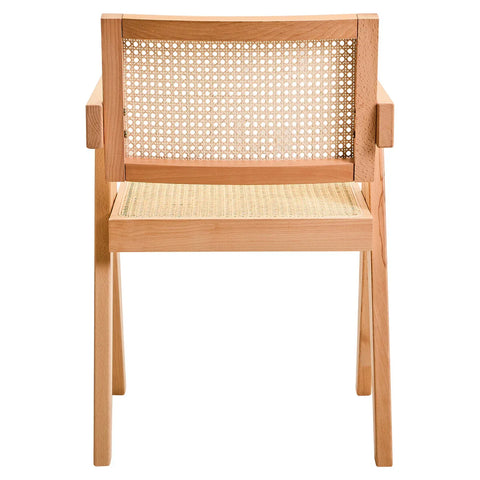 Natural wood dining chair with woven cane seat and backrest, rear view
