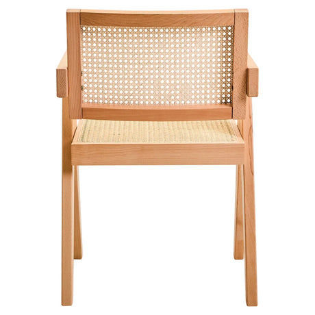 Natural wood dining chair with woven cane seat and backrest, rear view