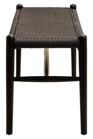 Black woven bench with wooden frame, front view highlighting seat texture and structure