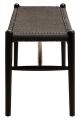 Black woven bench with wooden frame, front view highlighting seat texture and structure