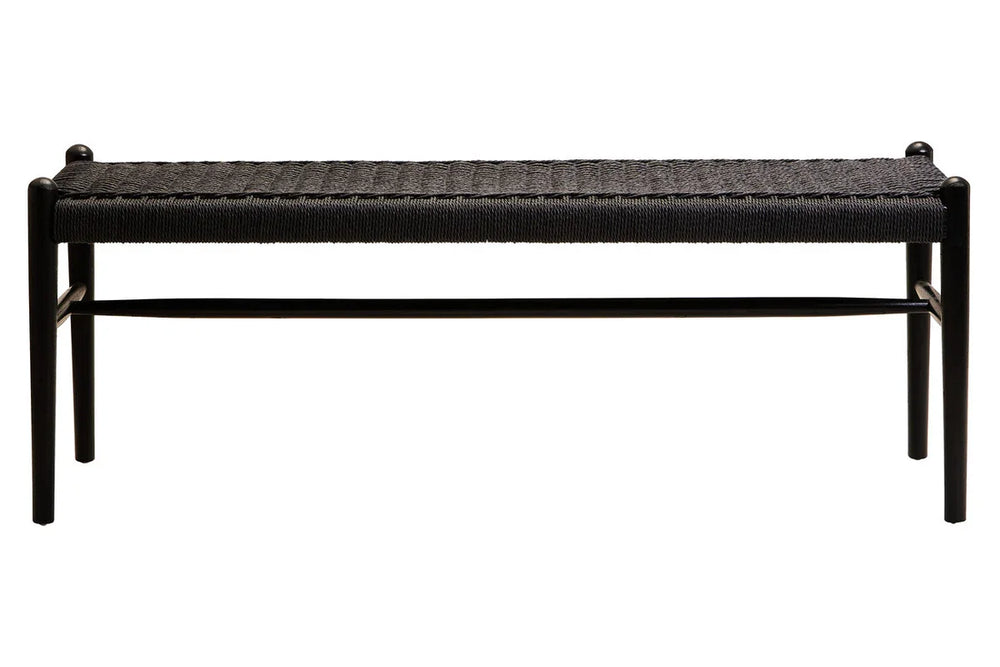 Black woven bench with wooden frame and rectangular seat, front view