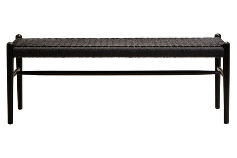 Black woven bench with wooden frame and rectangular seat, front view