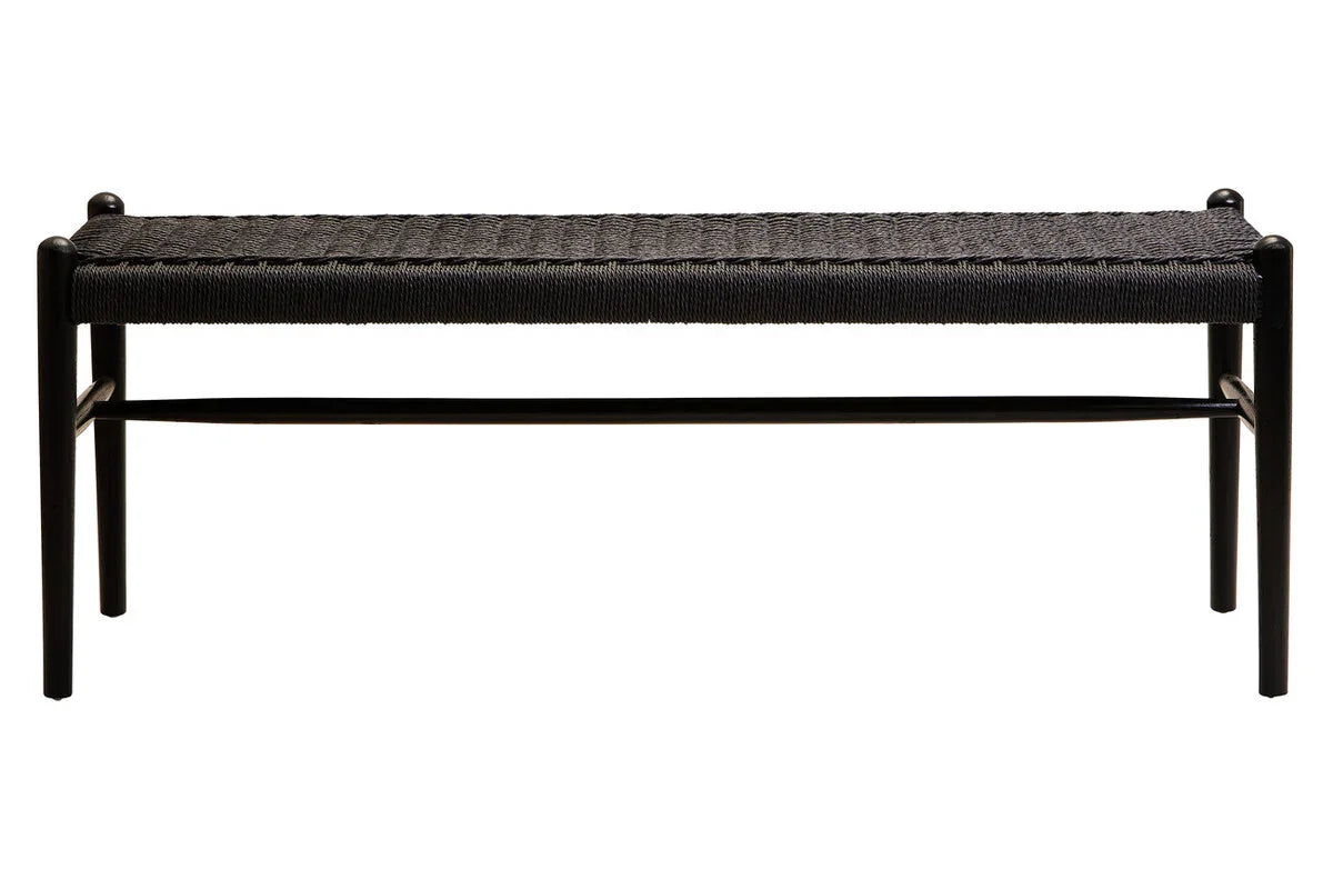 Black woven bench with wooden frame and rectangular seat, front view