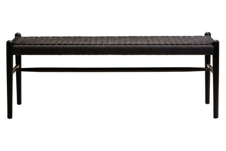 Black woven bench with wooden frame and rectangular seat, front view