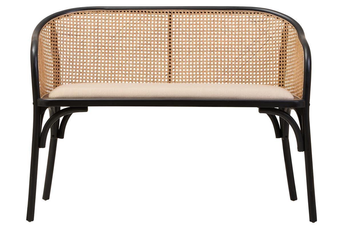 Rattan bench with black frame and woven cane backrest, upholstered seat, front view