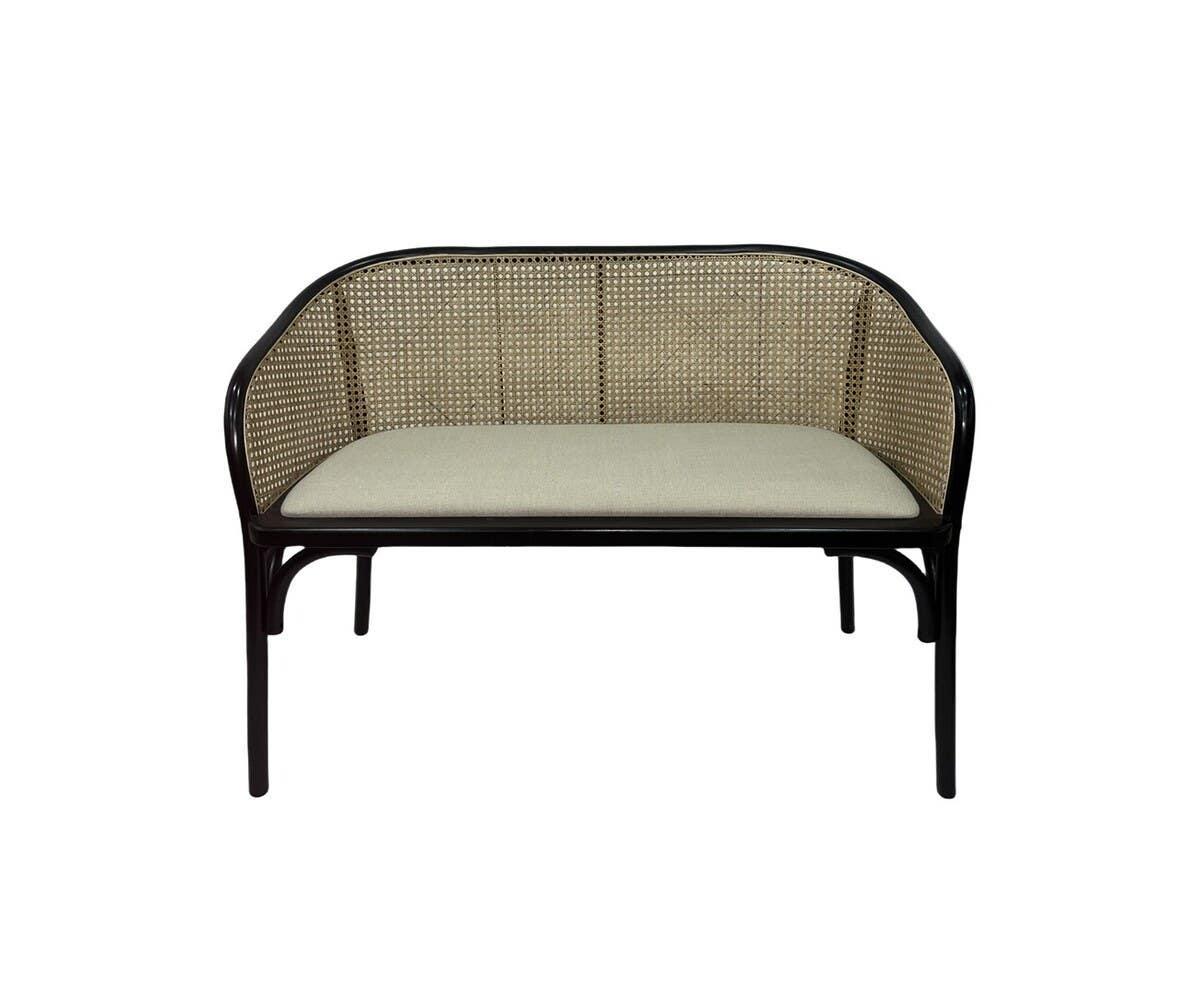 Rattan loveseat with black frame and beige cushion, front view