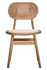 Natural wood dining chair with woven rattan backrest and cushioned seat, front view