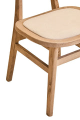 Oak dining chair with light beige upholstered seat, close-up of wooden frame and cushion