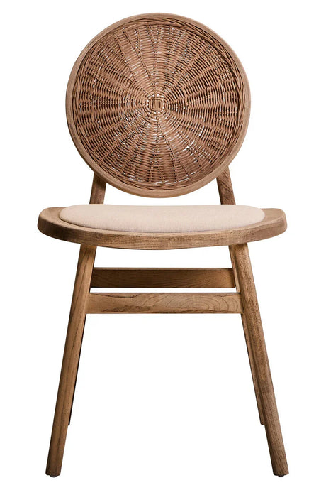 Wooden dining chair with round wicker backrest and beige cushioned seat