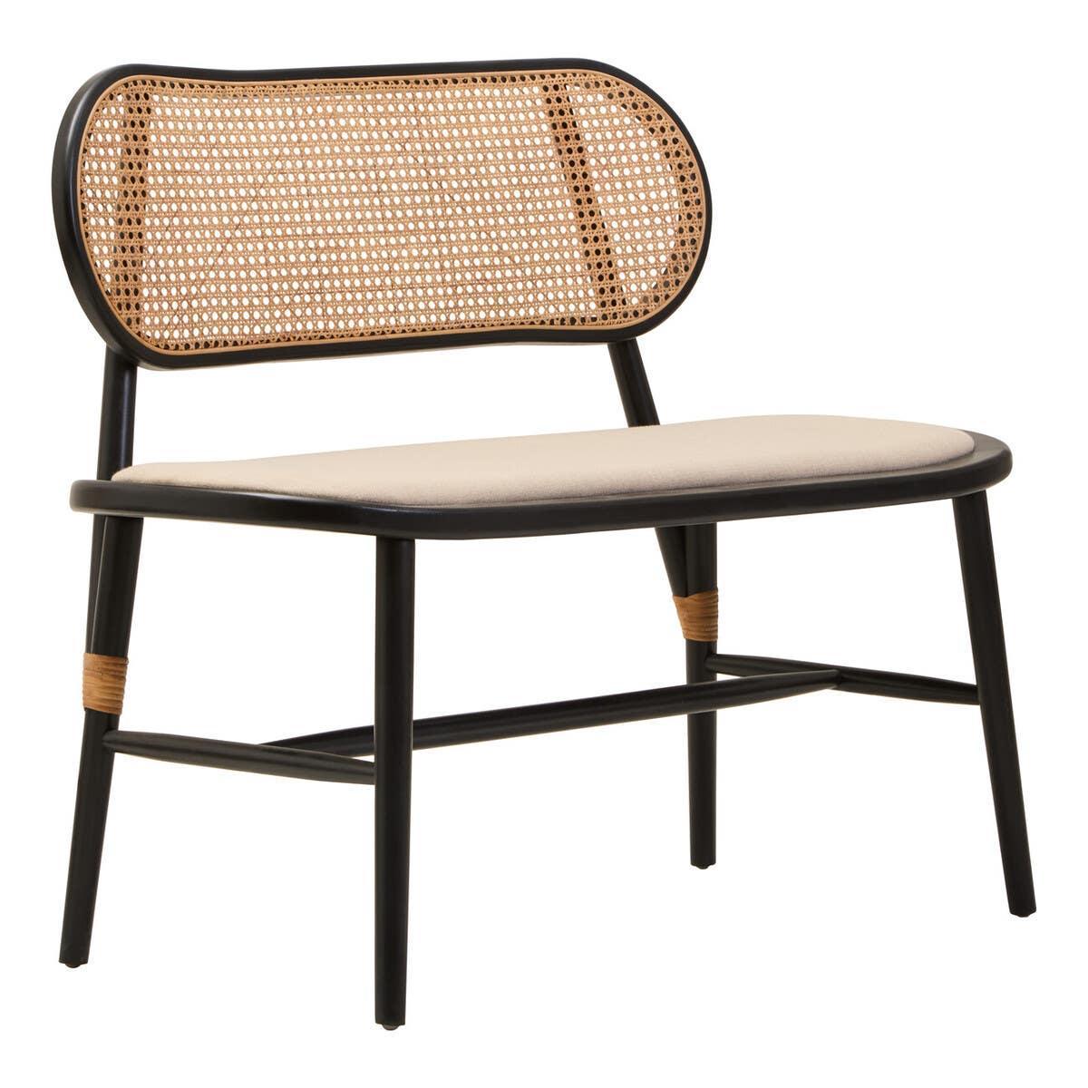 Rattan backrest bench with black frame and beige cushioned seat, side angle view
