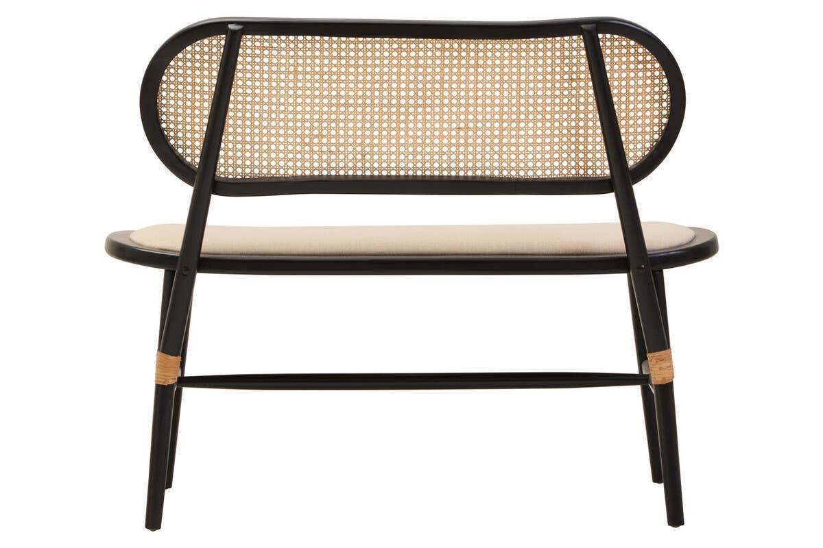 Black wooden bench with rattan backrest and beige cushioned seat, front view
