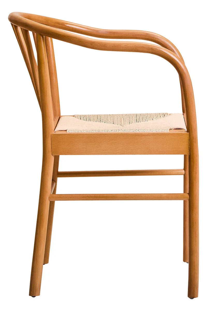 Side view of wooden dining chair with curved arms and woven seat