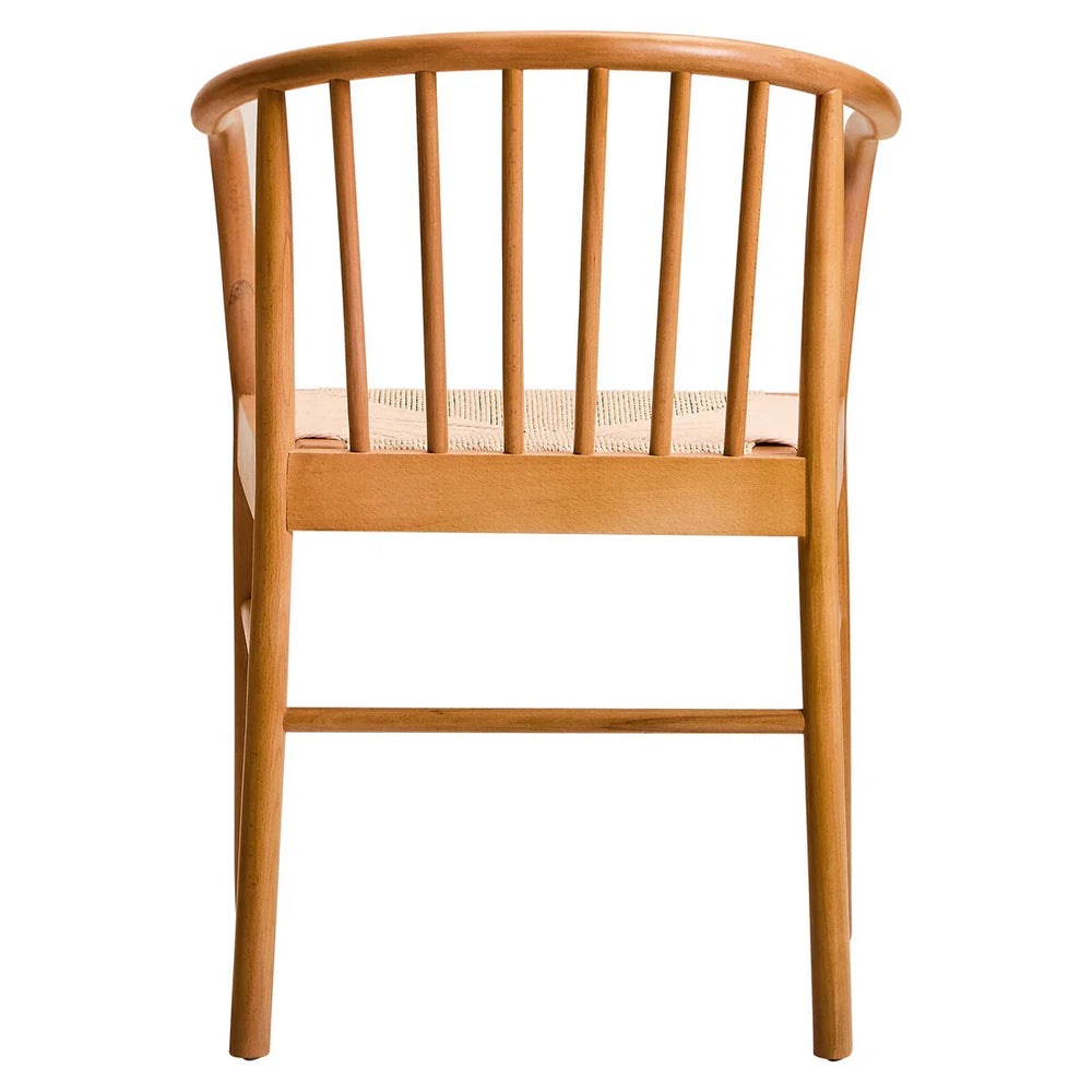 Natural wood dining chair with curved spindle back and woven seat, rear view