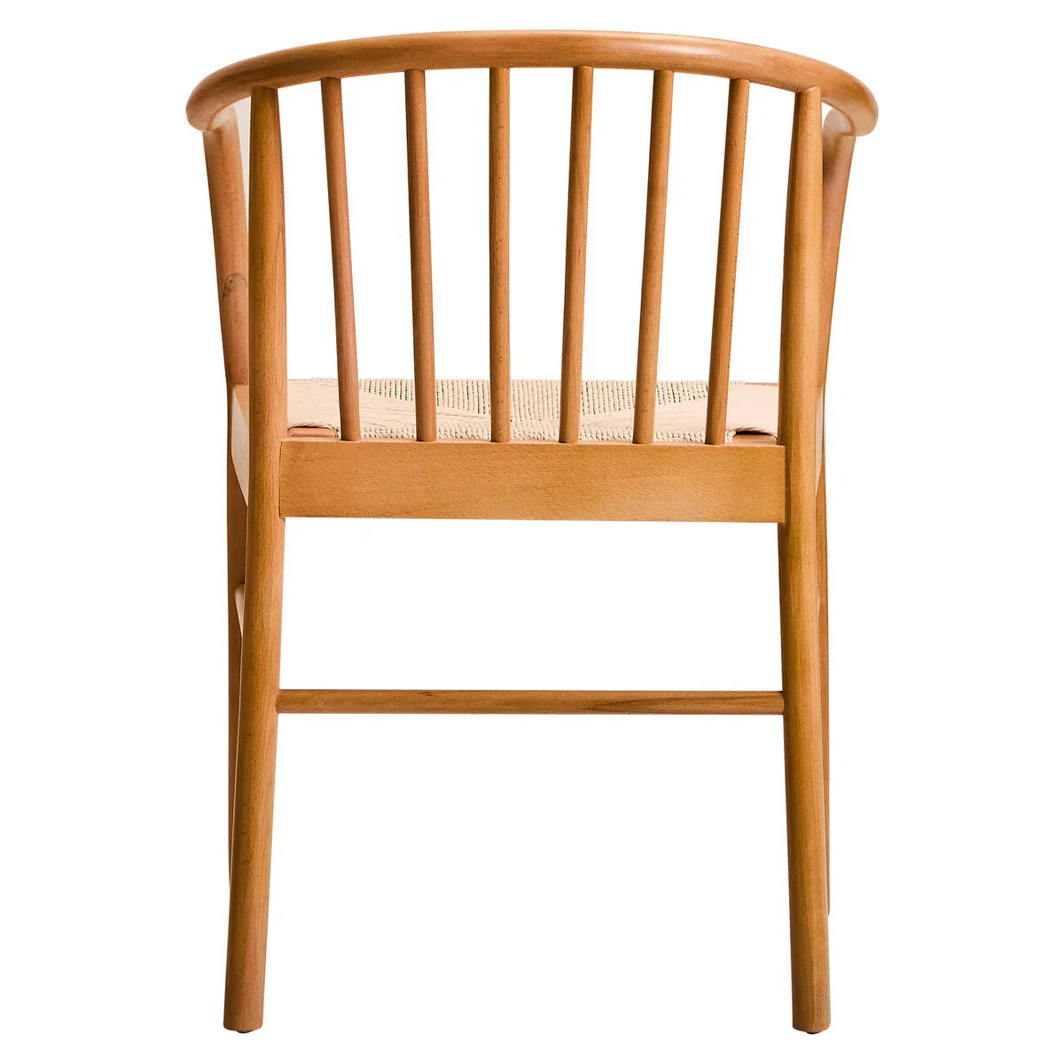 Natural wood dining chair with curved spindle back and woven seat, rear view