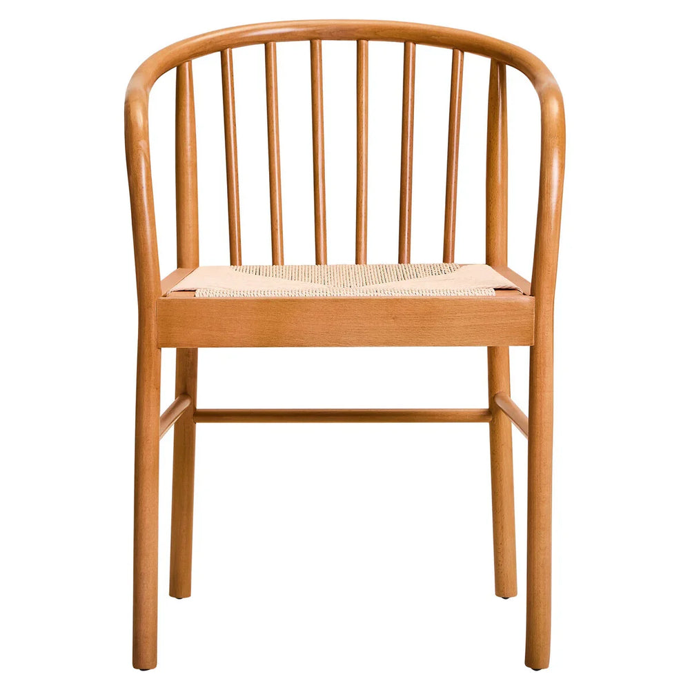 Light wood dining chair with spindle back and woven seat, front view