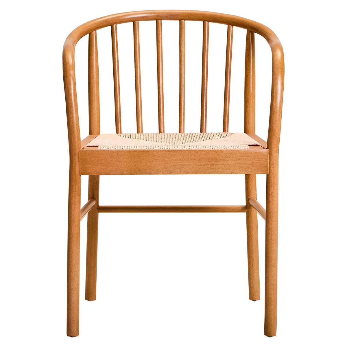 Light wood dining chair with spindle back and woven seat, front view