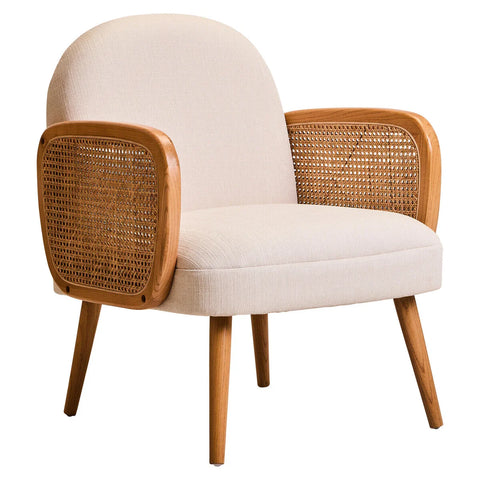 Beige accent armchair with cane panel arms and wooden legs, front angle view