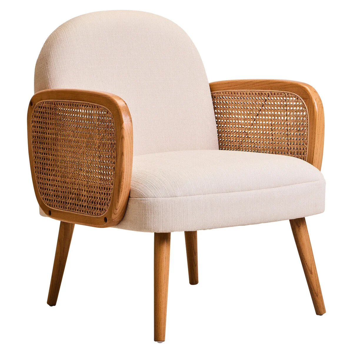 Beige accent armchair with cane panel arms and wooden legs, front angle view