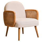 Beige accent armchair with cane panel arms and wooden legs, front angle view