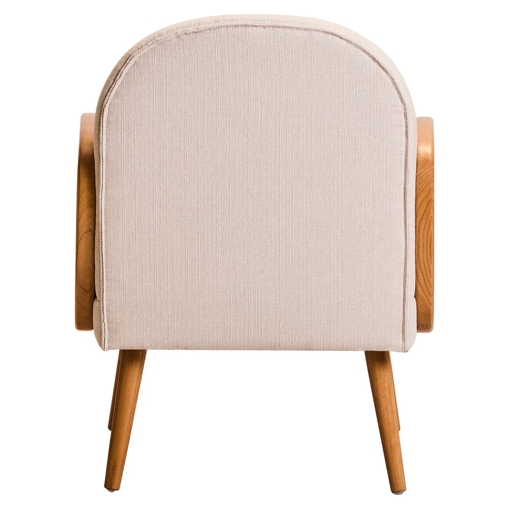 Beige upholstered armchair rear view with wooden arms and legs