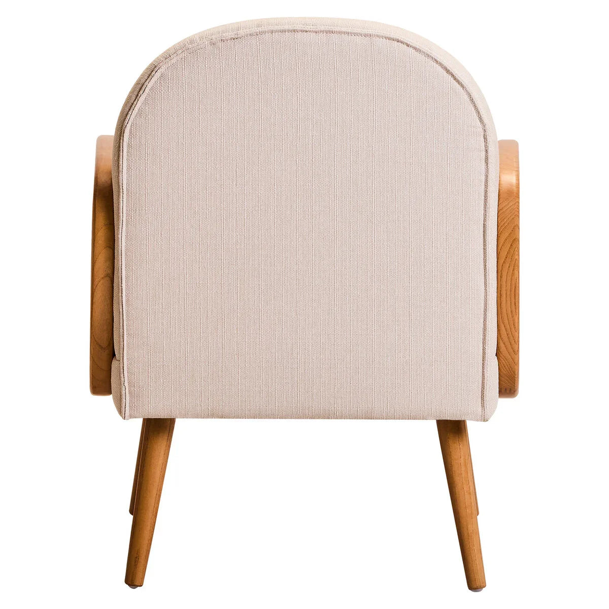 Beige upholstered armchair rear view with wooden arms and legs