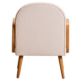 Beige upholstered armchair rear view with wooden arms and legs