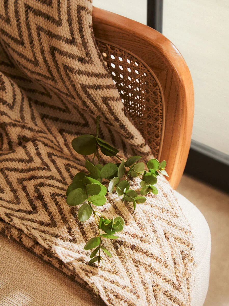 Chevron patterned throw on cane wood chair with green leaves resting on top