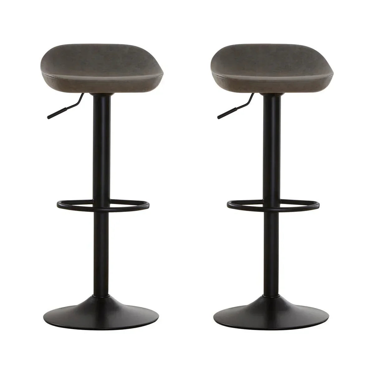 Pair of modern bar stools with black metal bases and brown seats, front view