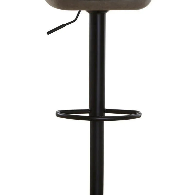 Grey bar stool with curved seat, black pedestal base and integrated footrest