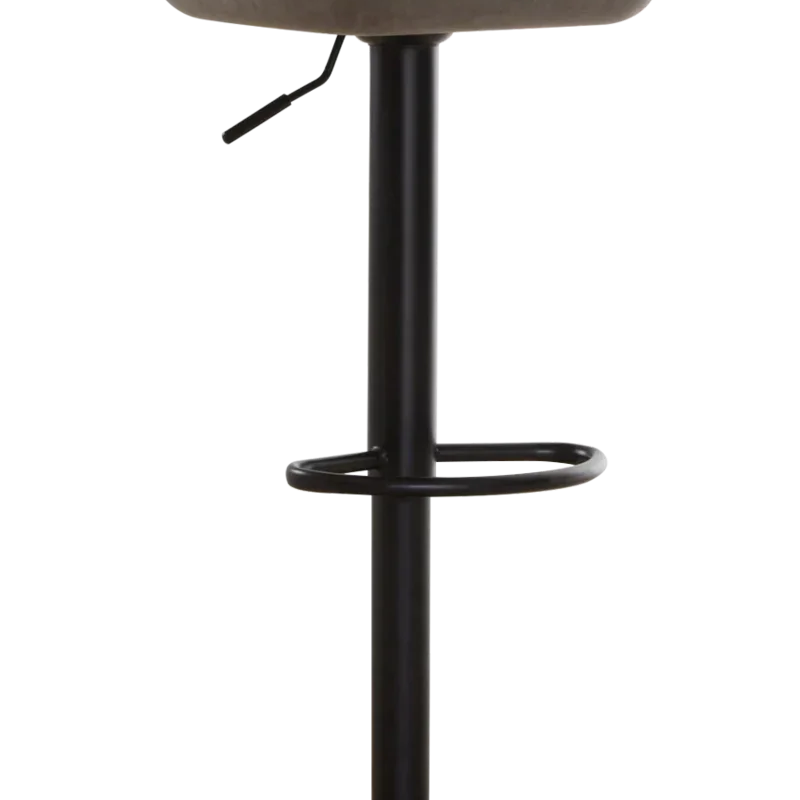 Grey bar stool with padded seat, black metal base and footrest, side view
