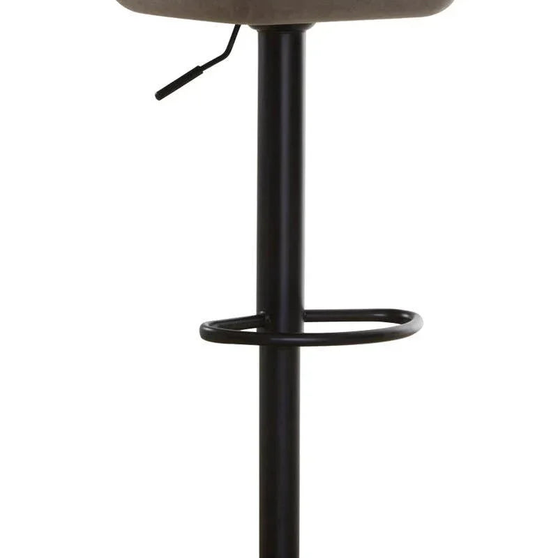 Grey bar stool with curved seat and black metal base, side lever, and footrest