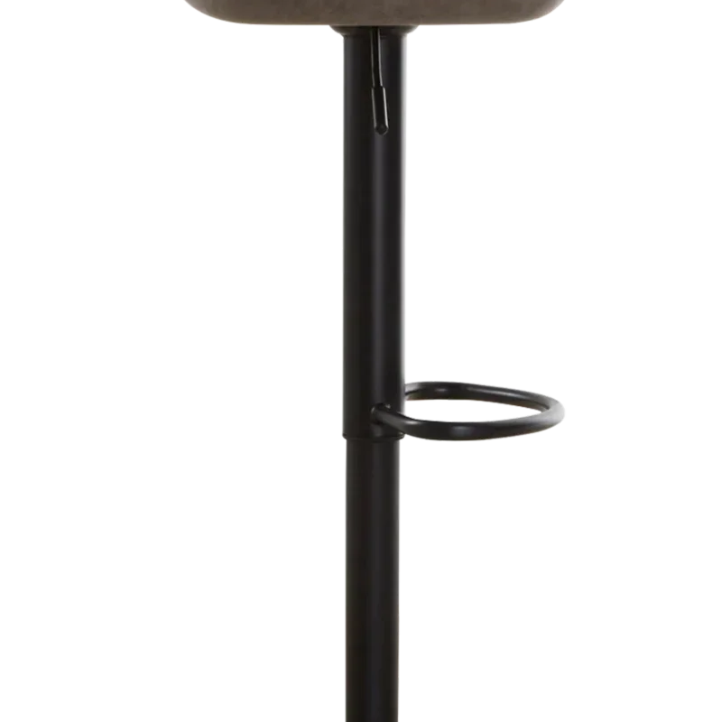 Grey bar stool with curved seat, black pedestal base and round footrest side view