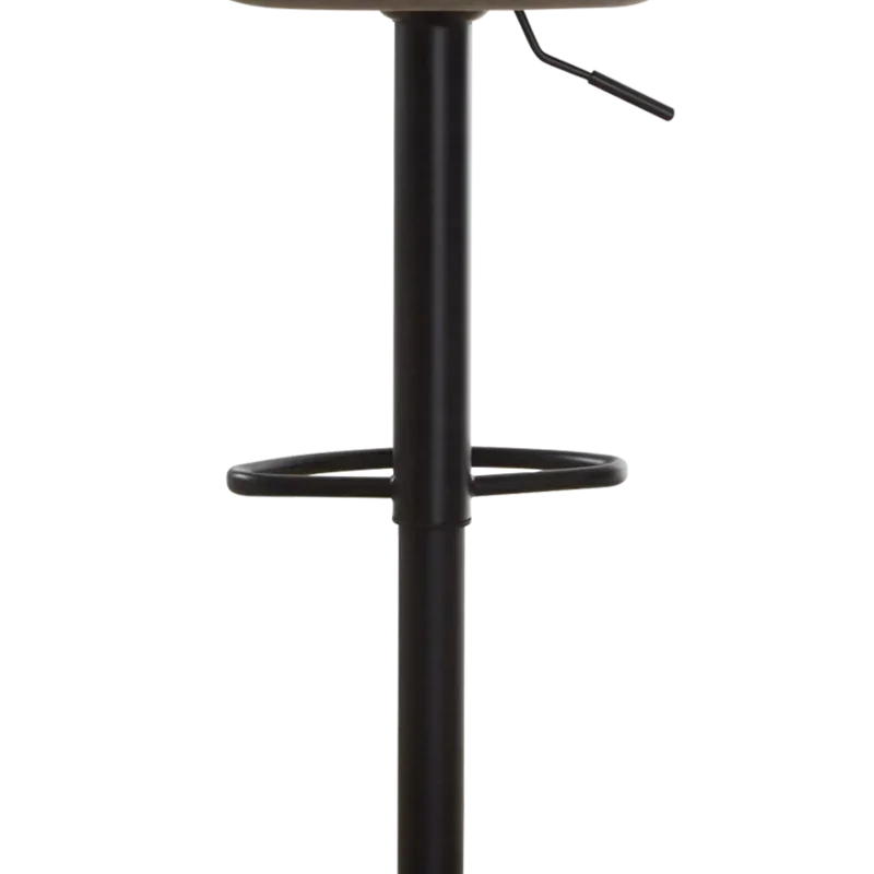 Grey bar stool with black metal base and round footrest, rear view