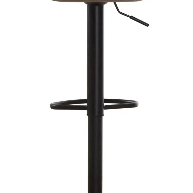 Brown faux leather bar stool with black pedestal base and footrest, rear view
