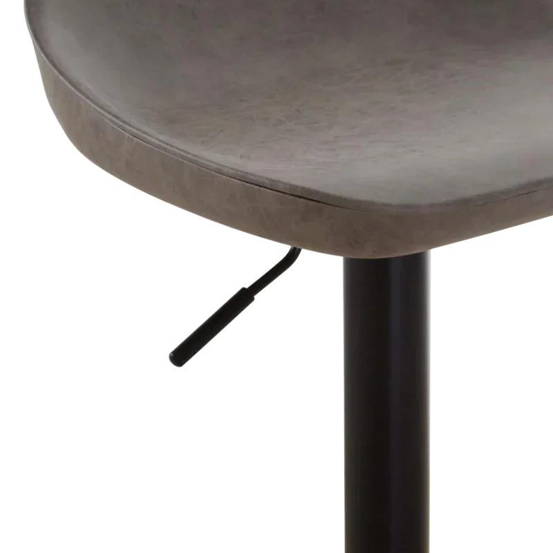 Close up of grey faux leather bar stool seat with black metal base and height lever