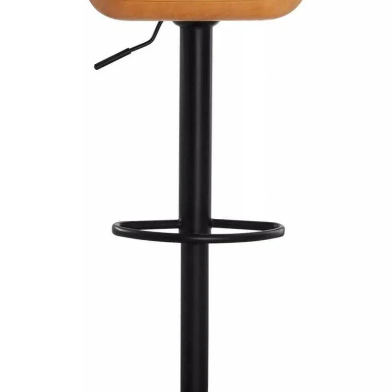 Brown adjustable bar stool with cushioned seat and black metal base