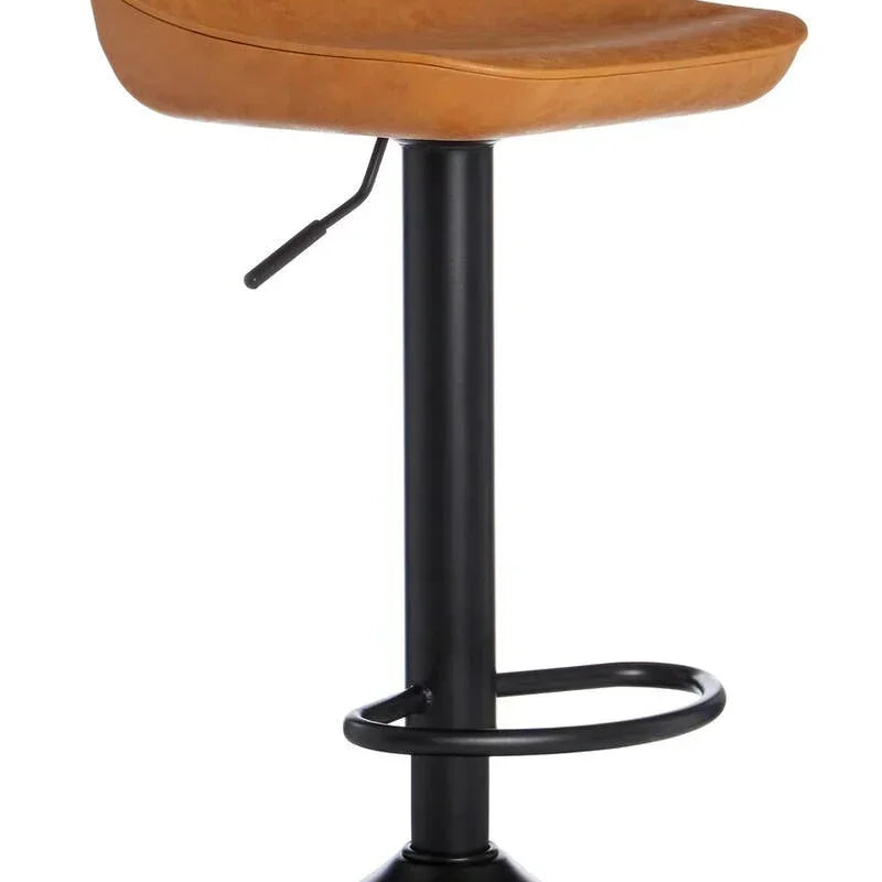 Tan bar stool with curved seat, black metal base and footrest, side lever visible
